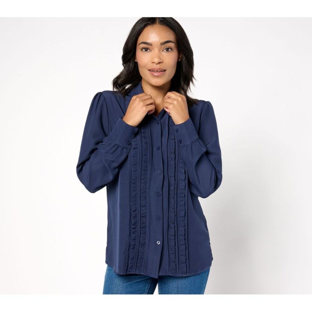 Denim & Co. Women's Top Plus Sz 2X Adaptive Ruffle Front Puff Sleeve Blue